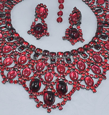 Larry Vrba Red Glass Statement Bib Necklace and Earring Set