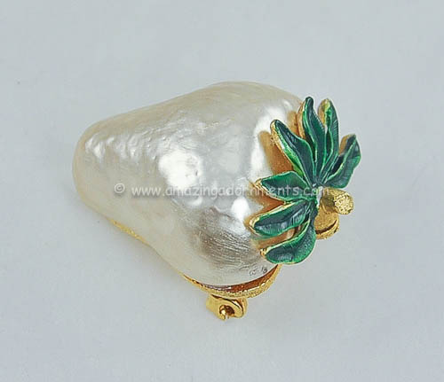Vintage Signed JJ Faux Pearl and Enamel Berry Pin
