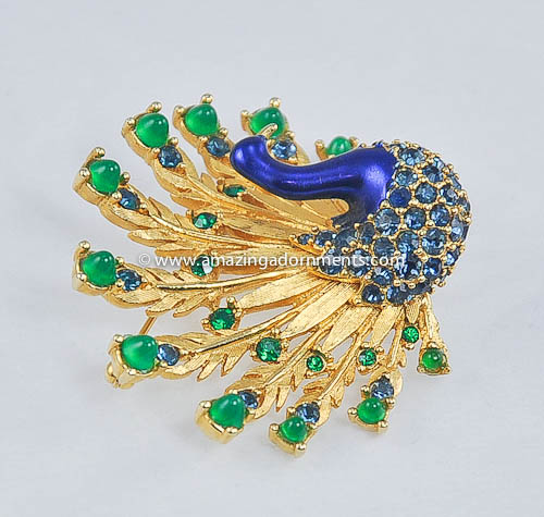 Vintage Boucher Rhinestone and Enamel Peacock Brooch