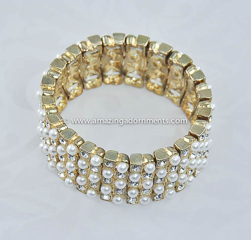 Contemporary Rhinestone and Faux Pearl Stretch Bracelet