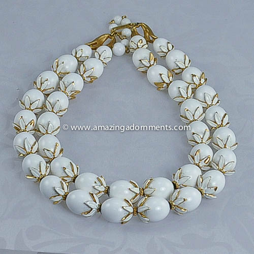 Vintage Signed Trifari White Bead Necklace