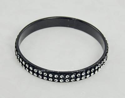 Black Lacquer on Metal Bangle Bracelet with Clear Rhinestones