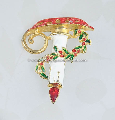 Vintage Rhinestone and Enamel Candle Christmas Pin