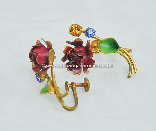 Vintage Signed Made in Austria Enamel and Rhinestone Rose Flower Earrings
