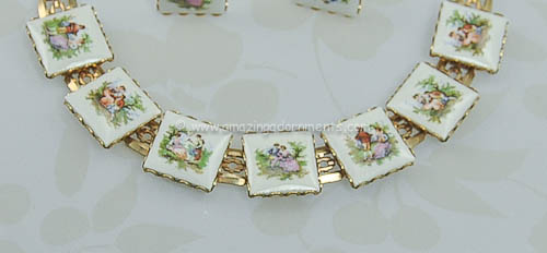 Vintage Painted Scene Necklace and Earring Set