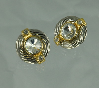Show Stopping Rivoli Rhinestone Clip Earrings in Silver and Gold
