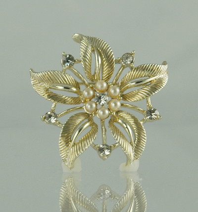 Signed STAR Faux Pearl and Rhinestone Flower Brooch