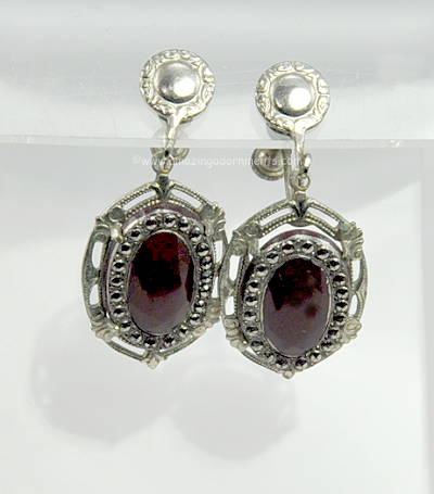 Old Red Glass and Marcasite Earrings