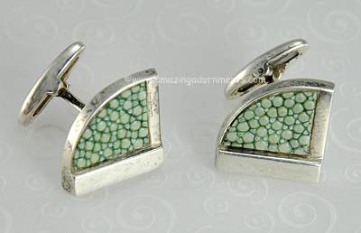 Vintage Sterling Silver and Jade French Modernist Cufflinks