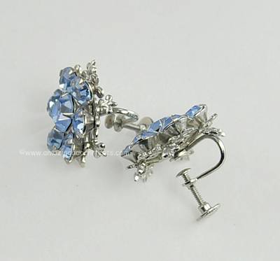 Vintage Blue Rhinestone Flower Earrings