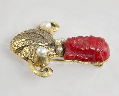 Unsigned Har? Red Faced Oriental Genie Brooch with Faux Pearls