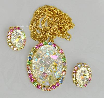 Vintage DeLizza and Elster Rock Crystal Geode Glass Necklace/Brooch and Earring Set