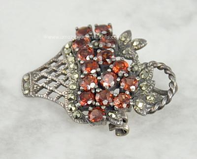 Vintage Sterling, Marcasite and Glass Flower Basket Pin