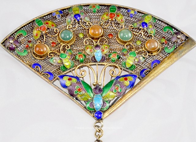 Enamel on SIlver and Filigree Fan Brooch Made in China