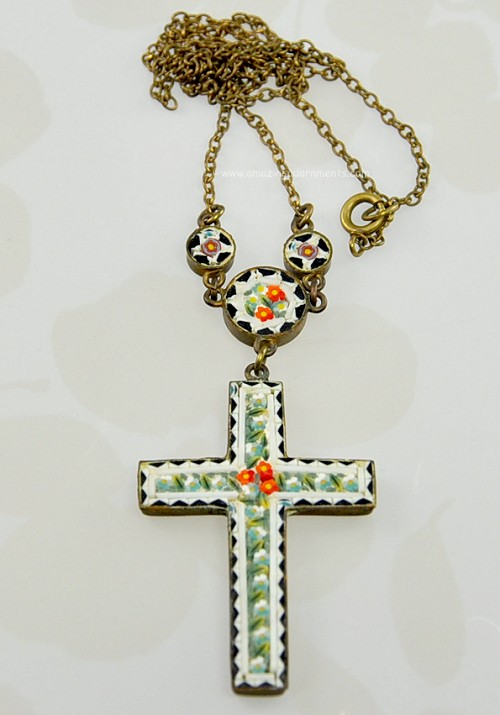 Vintage Mosaic on Brass Cross Necklace