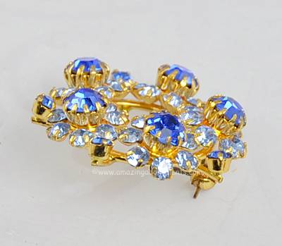 Vintage Signed AUSTRIA Rhinestone Flower Pin in Blues