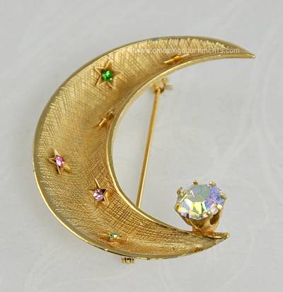 Vintage Signed Kramer Half Moon Pin with Rhinestone Stars