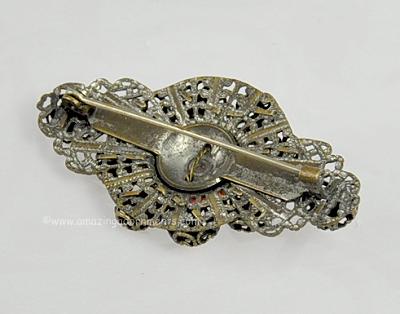 Antique Coral Glass Filigree Pin