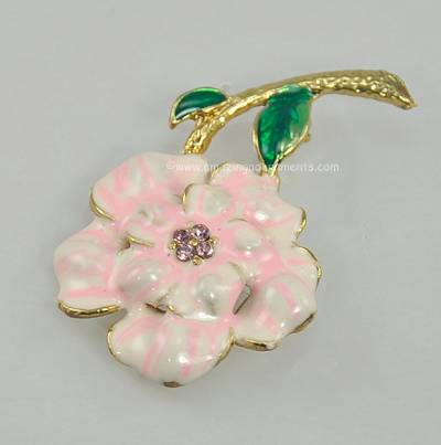 Vintage Pink and White Enamel Carnation Flower Pin with Rhinestones 