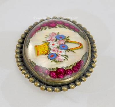 Antique Painted Flowers under Glass Brass Pin