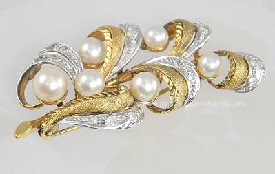 Vintage Alice Caviness Sterling and Faux Pearl Foliate Brooch