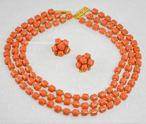Vintage Signed DeMario Coral Bead Set