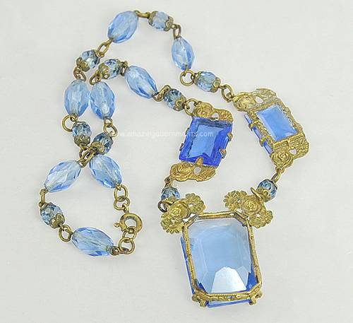 Transitional Period Blue Glass and Brass Necklace Signed MADE IN CZECHOSLOVAKIA