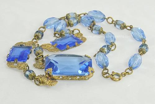Transitional Period Blue Glass and Brass Necklace Signed MADE IN CZECHOSLOVAKIA