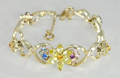 Vintage Signed CORO "Honor" Colored Rhinestone Flower Bracelet