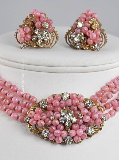 Vintage Pink Glass and Clear Rhinestone Set Signed ORIGINAL BY ROBERT