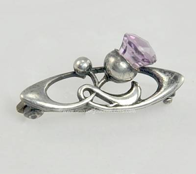Antique Art Nouveau Amethyst and Sterling Thistle Pin Signed CHARLES HORNER