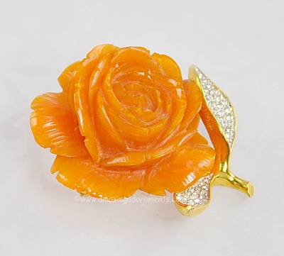 Vintage Signed Nettie Rosenstein Rose Flower Brooch with Rhinestones