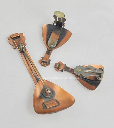 Vintage Signed RENOIR Copper Balalaika Brooch and Earring Set