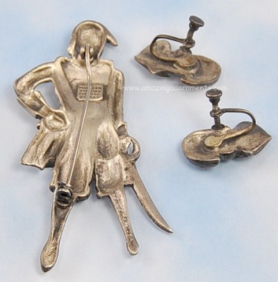 Signed Marlene Sterling Pirate Pin and Earring Set