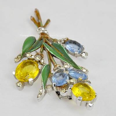 Vintage Signed Trifari 1940s Rhinestone and Enamel Flower Clip