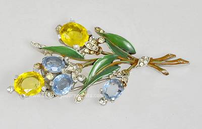 Vintage Signed Trifari 1940s Rhinestone and Enamel Flower Clip