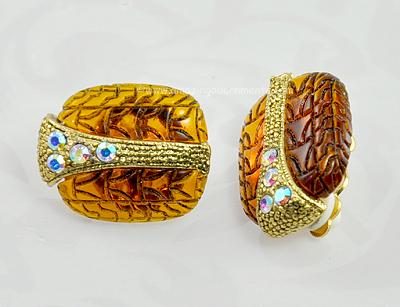 Vintage Amber Resin and Rhinestone Earrings