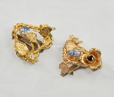 Vintage Signed Austria Rose and Rhinestone Earrings