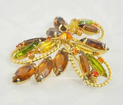 Vintage DeLizza and Elster Rhinestone Metal Accent Brooch