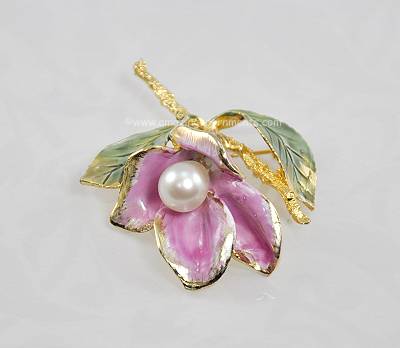 Vintage Signed Hattie Carnegie Enamel and Faux Pearl Flower Pin