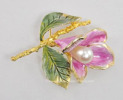 Vintage Hattie Carnegie Enamel and Faux Pearl Brooch