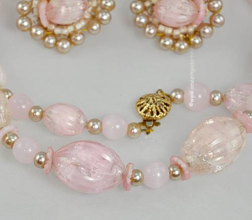Vintage Signed Hobe Pink Crackle Bead Set