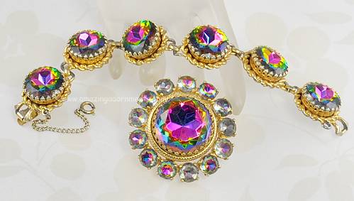 Vintage Watermelon Rhinestone Brooch and Bracelet Signed SCHIAPARELLI
