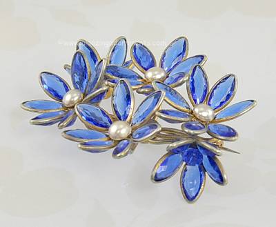 Early 1900s Blue Glass and Faux Pearl Brooch