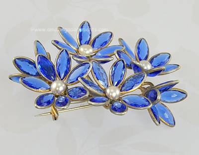 Early 1900s Blue Glass and Faux Pearl Brooch