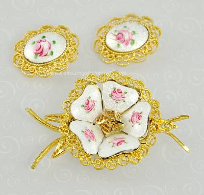 Vintage Guilloche Enamel Rose Brooch and Earring Set 