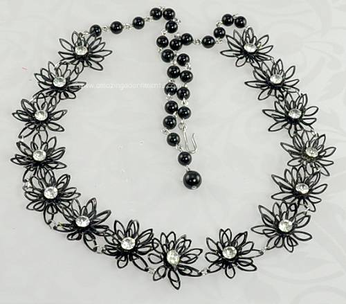 Vintage Black Enamel on Metal Flower Necklace with Rhinestones Signed Kramer 