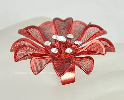 Red Mesh and Rhinestone Flower Fashion Ring
