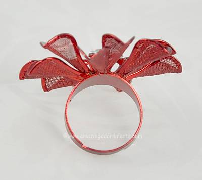 Red Mesh and Rhinestone Flower Fashion Ring