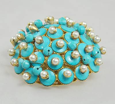 Vintage Signed Vogue Turquoise Glass and Faux Pearl Pin Cushion Brooch
